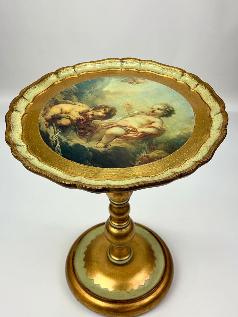 Vtg Neiman Marcus Italian Florentine Gilt Wood Cherub Side Table Stand 15x20in